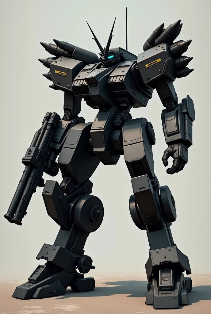 I want you to create a robust robot in the armored core and front mission style.. He has an antenna in the middle of the top of his head.. He has two rotating miniguns on each of his arms and rocket launchers on his shoulders.. I want a realistic version in black color. He must have five missile launchers lined up on each of his shoulders.. In your hands you must hold two Gatling Gun machine guns.. Must have a kit with 8 rocket launchers on each of your shoulders.