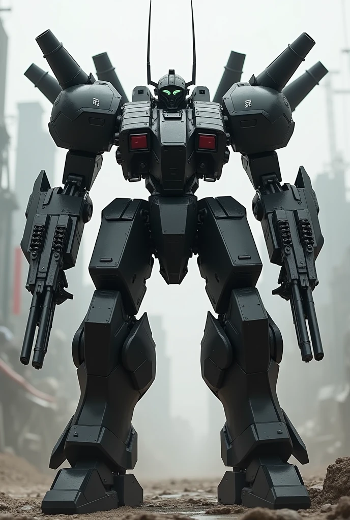 I want you to create a robust robot in the armored core and front mission style.. He has an antenna in the middle of the top of his head.. He has two rotating miniguns on each of his arms and rocket launchers on his shoulders.. I want a realistic version in black color. He must have five missile launchers lined up on each of his shoulders.. In your hands you must hold two Gatling Gun machine guns.. Must have a kit with 8 rocket launchers on each of your shoulders.