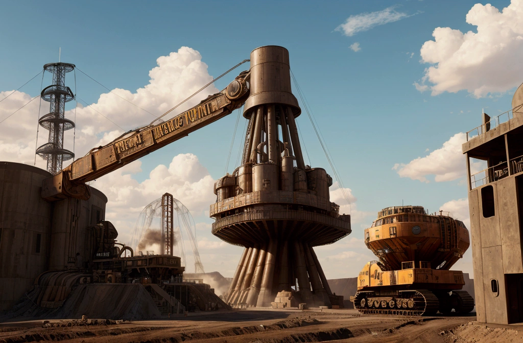 Dieselpunk,Bucket Wheel Excavator,A fictional mining site,Huge space and machines