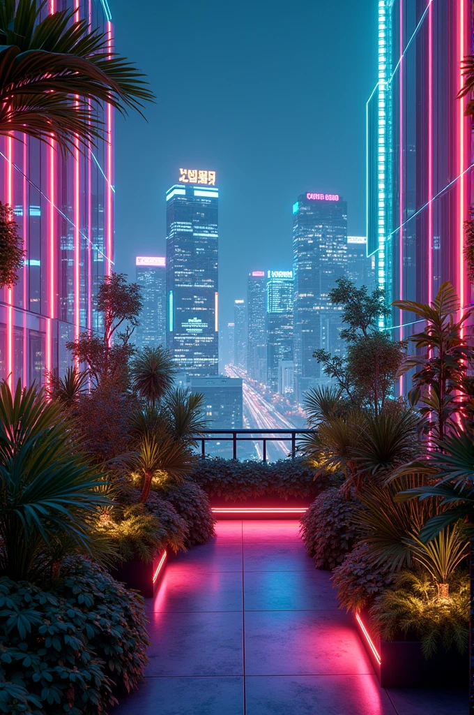 A vibrant and stylish city rooftop garden at night, filled with colorful neon lights and various potted plants. The contrast between the green foliage and the bright, colorful lights creates a modern, urban aesthetic.