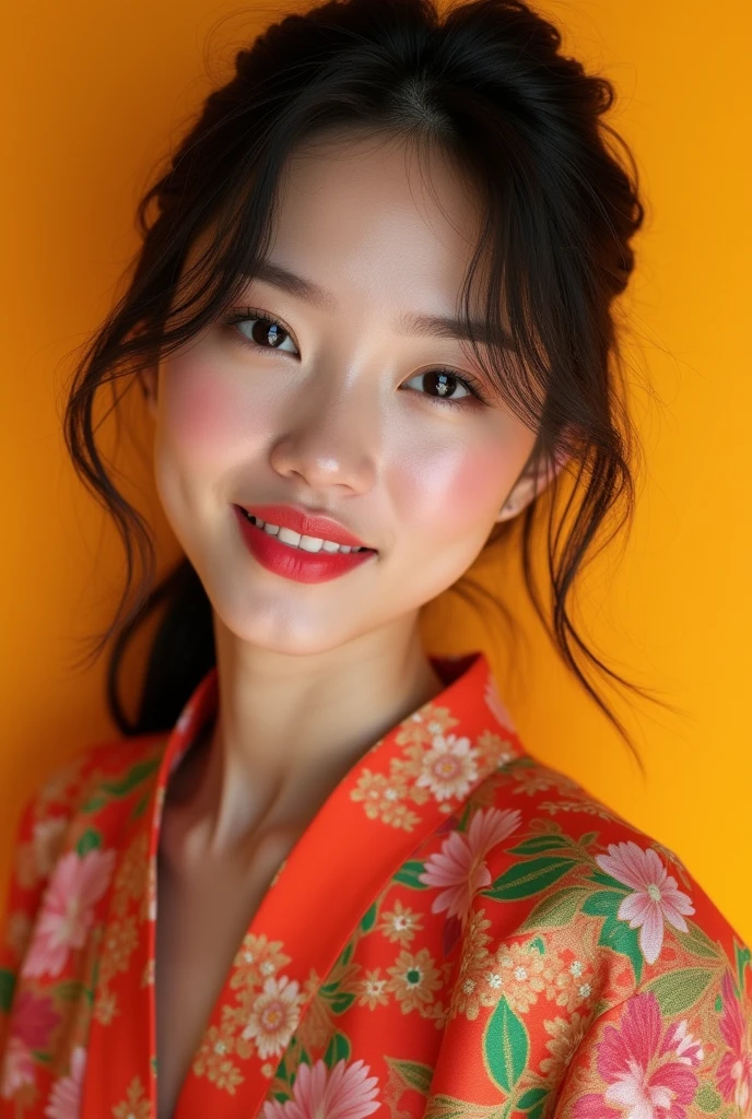 1 wearing Thai clothes Beautiful, bright, easy on the eyes" A photorealistic image of a beautiful thai female with a focus on vibrant, high-contrast lighting and saturated colors. The woman should be captured against plain backgrounds with direct, even lighting to emphasize facial features and expressions. Use a mix of playful and confident poses, capturing a sense of energy and personality. The photo should have a crisp, sharp quality with minimal shadows and a slight grainy texture to add character. The overall aesthetic should convey a modern, lively, and dynamic feel, reminiscent of high-fashion editorial