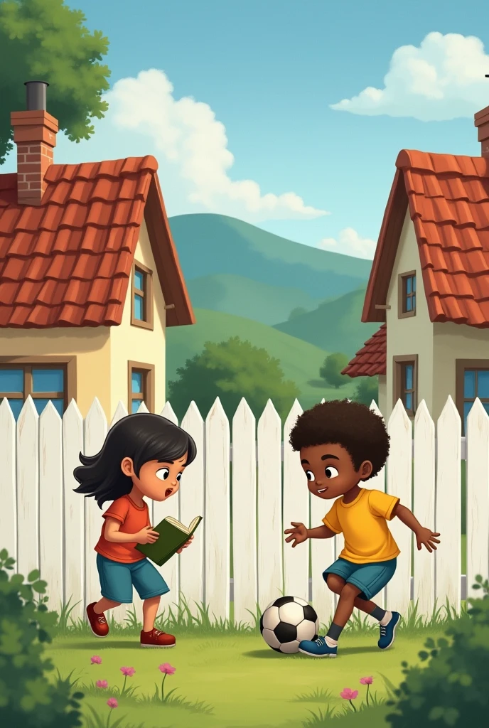 Make a picture of two ren, the girl reading a book, the light brown boy playing soccer, each in their country houses, but a fence or fence separates them. The white fence or fence THAT SEPARATES THEIR HOUSES and the title chapter 1
