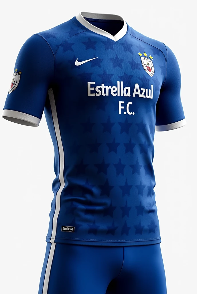 Description of a Football Sweater and pants for Estrella Azul F.C.:
Main Color: Deep blue.
Details:
Collar: White, either in a V-shape or round.
Short Sleeves: White with blue detailing on the edges.
Side Panels: White to highlight the contrast with the blue color.
Logo: In the center of the chest, the team logo "Estrella Azul F.C." in white, possibly with a gold or silver star.
Number and Name: On the back, numbers and name in white to stand out against the blue background.
Additional Design: A subtle pattern of larger stars or stripes in a lighter shade of blue on the front to add texture.