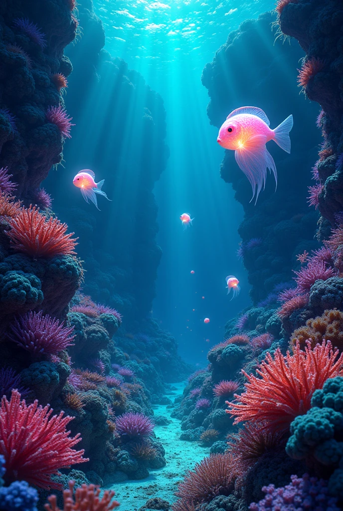 seabed with lantern fish and colorful corals