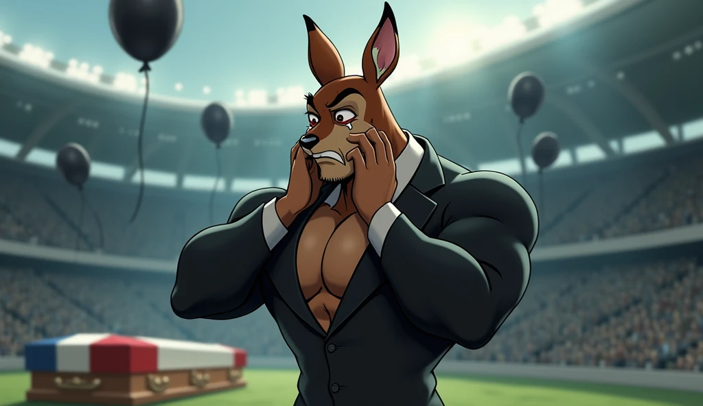 a bambi, muscular, puffed chest, wearing a black suit, crying with his hands on his head, sad expression, inside a soccer stadium, sad seeing a coffin with a flag over it highlighted in the colors blue, white, red, black balloons flying in the wind