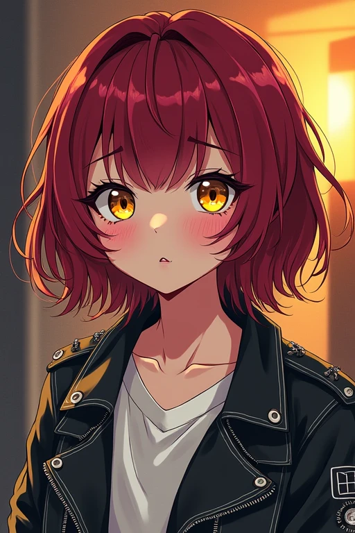 Highest quality,High resolution,Detailed illustrations,One girl,short hair,Perm,punk jacket,Wine red hair,Yellow Eyes,comics:Yurucamp△ art style,comics家:Afro&#39;s style