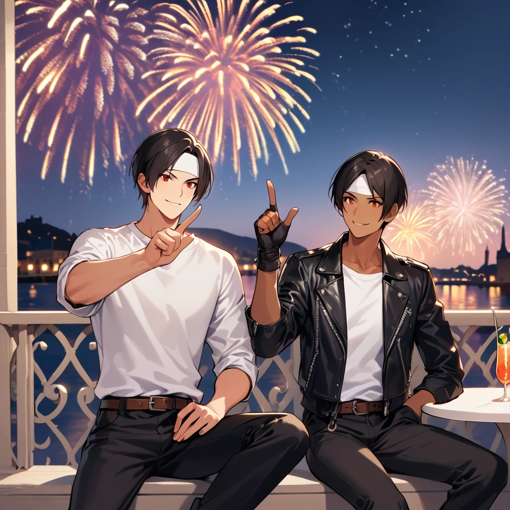 Orochiquillo, people watching, dark skin, couple, two people, man and woman, red eyes, ((rolled up black leather jacket)), fingerless gloves, black hair, white T-shirt, ((white headband)), black pants, white shoes, brown belt, handsome, shot, charming, masterpiece, high resolution, fine face, fine grain, night People, blue sky, confident smile, with lover, promenade des Anglais, dining on terrace, drinking cocktail in cocktail glass, bright fireworks, France, pointing to sky, watching fireworks, sitting cross-legged, looking happy, speaking with gesture similar to peace sign, outdoors, dining, (((( sincere fingers))))