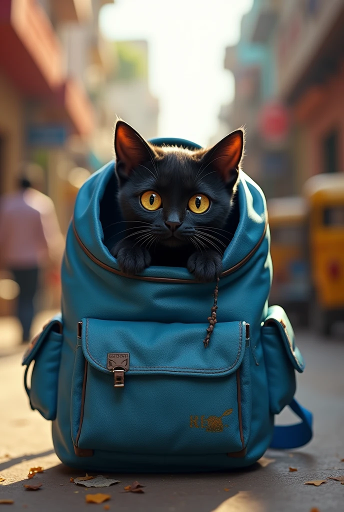 Black cat in bule school bag in india 

