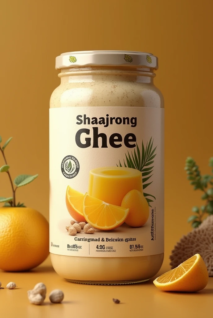 (photorealism:1.2), Ghee lebel paper design, brand name Shaajrong Ghee, 100% Organic, 