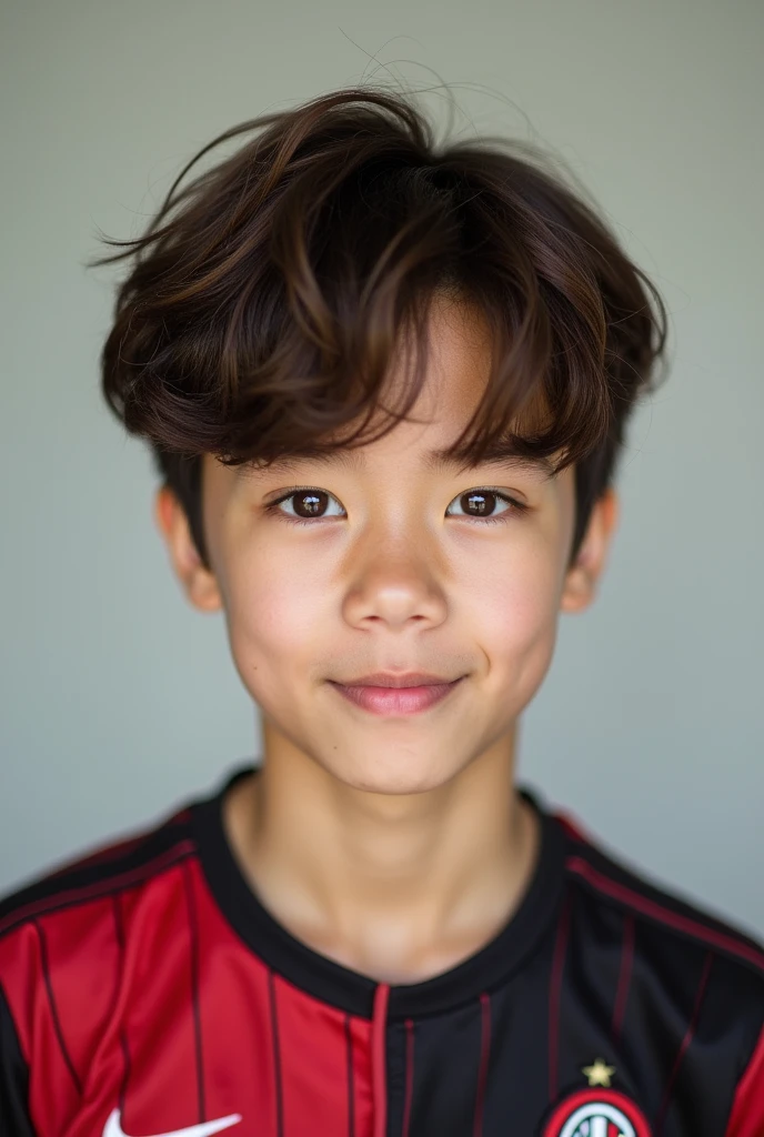 male, 2, comma hair, brown hair, half German, half South Korean, facing front, half body photo, white skin, brown eyes, handsome, wearing AC Milan jersey