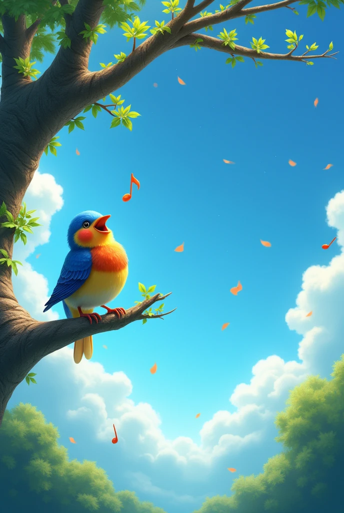 Bird in a tree with blue sky singing dead notes