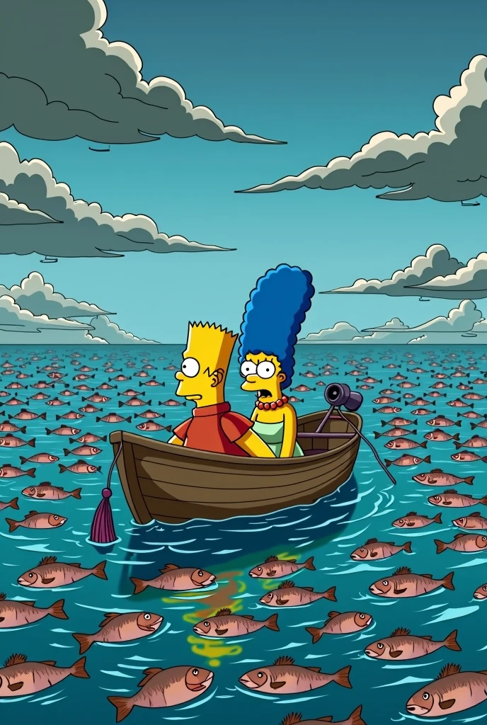 a simpsons style landscape image of homer and marge Simpson looking horrified sitting in a boat in the ocean holding fishing lines and fishing nets. all the fish are dead floating on the surface of the water