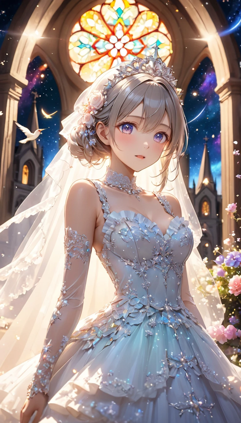 Highest quality, Great quality, 16K, Unbelievably absurd, Very detailed, 2.5D, delicate and dynamic, church, Brightly colored stained glass, Small faint lights and flying fireflies, night, Starry Sky, milky way, nebula, shooting star, Flowers, bird, Wind and Moon, Very delicate facial expressions, Delicate eye depiction, Upper body close-up, erotic, Only sexy women, Healthy body shape, 2. Women, bride, Height: 170cm,Small Bust, Colorful Tiaras, Long wedding dress with complex structure, Colorful long wedding dresses, See-through long ruffle wedding dress, Extra long cape from head