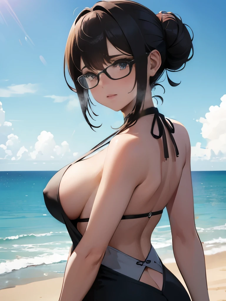 (1girl:1.3), Masterpiece, Best quality, amazing beauty, 4K, absurdres, finely detail, super detailed eye, perfect anatomy, official art, cinematic lighting, BREAK, ocean/beach/sea, silky medium hair, hair bun, super shiny detailed brown eyes, Staring, glasses, embarrassed, BREAK , big breasts, point-of-view shot, BREAK , (business suit:1.2), BREAK,()