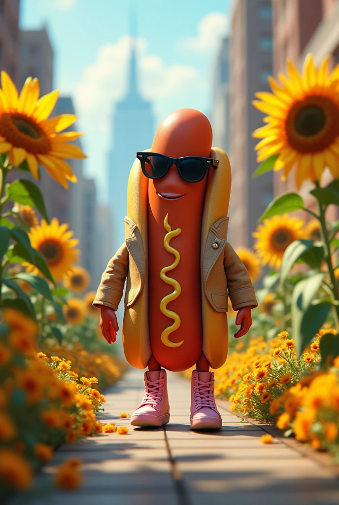 A hot dog dressed in pink sneakers and black sunglasses walking through a city full of sunflowers and campinions