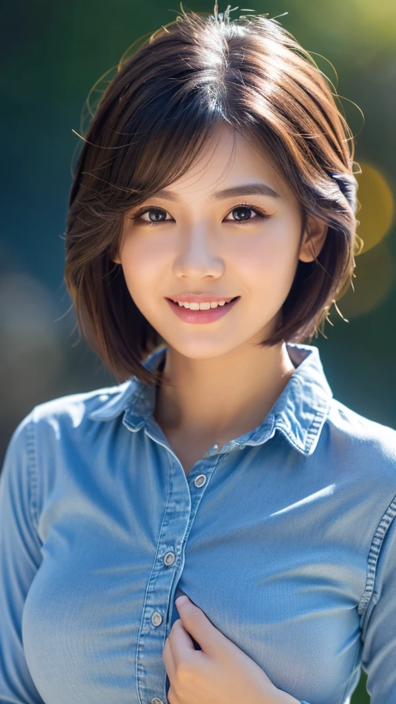 beautiful indonesian woman, 3d photo 1 full body, ova face, small lips, short hair, tight thin long sleeved shirt in wet condition, big breasts visible, transparent light blue shirt, dark blue long jeans,  body, 36K size breasts, standing with a sexy smile, open natural background with mountains, detailed face, detailed and beautiful eyes, detailed and beautiful lips, very detailed face, long eyelashes, photorealistic, cinematic lighting, bright colors, award winning digital art