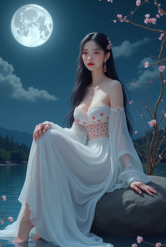 1 milf, asian arabic,very very pale skin, white as flour skin, skin painted white, bare feet, thighhighs, sitting, sky, crossed legs, dress, long hair, black hair, solo, biggest breasts, legs, night, blue eyes, water, ((long sleeves)), (((unbuttoned))), cloud, white dress with red crystals, full body, (((underboobs))), large breasts, flower, night sky, hair ornament, rock, branch,(tall:1.5),(narrow waist:1.2),(model:1.5),glamor,slender,,