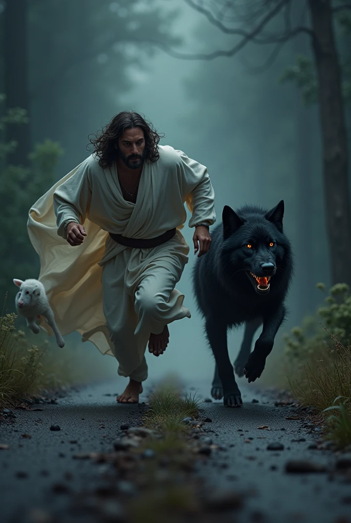 JESUS running to save a little black sheep from a fierce wolf, on a dark road
