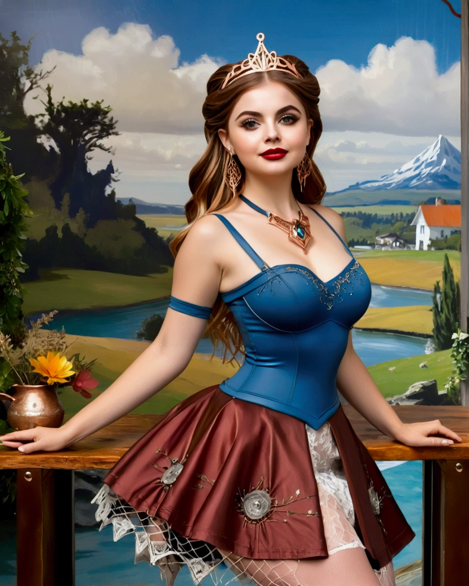 Steampunk Inspired Elven Princess. Copper Wire Necklaces & Bangles. Crown Of Fine Copper Wire. Copper Coloured Tatoos Cover Her Face And Body Intricate & Beautiful Designs. Hands On Hips. Ember Colored Eyes. Pure White Dress, Hemmed With Copper, Covered In Copper Lace & Filligree. Cppper Designs Cover The Skirt In A Kaleidoscope Of Copper Designs. Background Is Forrest. A Blend Of Ariel Winter & Alison Brie, Symmetrical Face Exudes Elegance &Grace. Cozy, Romantic Lighting. Cheerful Smile. Copper Hair That Shimmers And Sparkles In The Light. Hourglass Figure.
