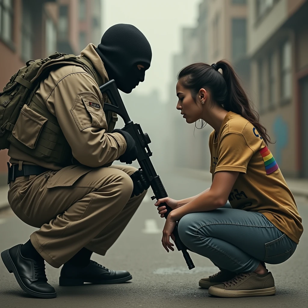 digital art, a 20 year old angry male, wearing militar mask, beige militar clothes, squatting down, pointing gun at a kneeling female wearing lgbt shirt