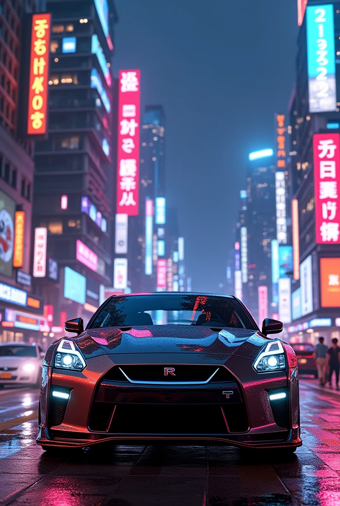 grand theft auto v in neon lights city with NISSAN GTR