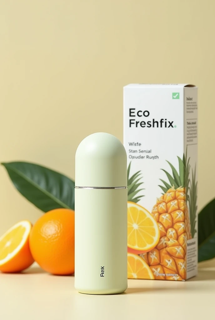 mini compact cylindrical atomizer, that the packaging has the name of eco freshfix and with a design of citrus fruits such as pineapple and orange that is practical and can be carried in a practical way to apply directly on a stain