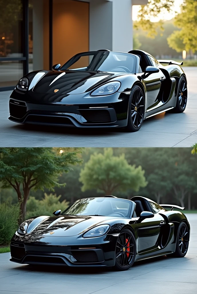 Dark black porche Spyder 718 indoor and outdoor space show