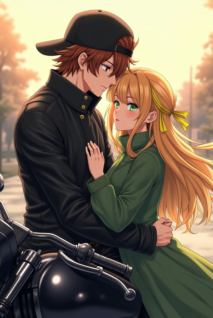 Anime, blond long hair girl, yellow ribbon, green eyes green sweater, with anime young tall guy, black cap, brown hair, leather jacket and a black motorbike, hugging each other