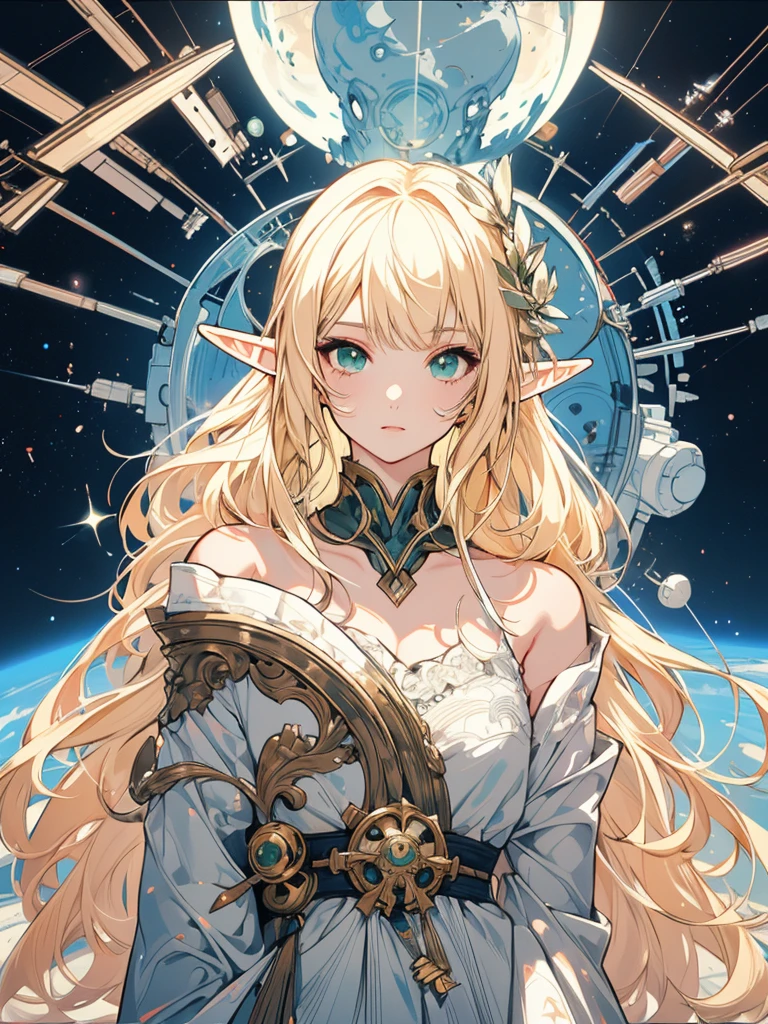 masterpiece, best quality, 1girl, ultra detailed, ultra highres, well-definded facial features, anatomically correct, cute girl, long pointy ears, elf, nice face,blonde hair, green eyes, space suit, space station, anime style,