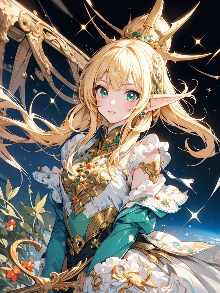 masterpiece, best quality, 1girl, ultra detailed, ultra highres, well-definded facial features, anatomically correct, cute girl, long pointy ears, elf, nice face,blonde hair, green eyes, space suit, space station, anime style,