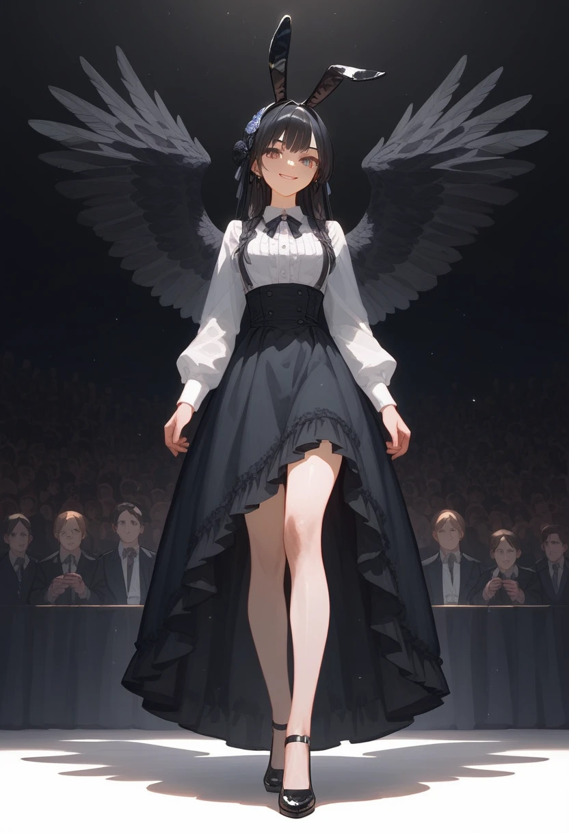Twelve year old girl,Black Wings,calm,stand up,Female Love,High Detail,masterpiece,Best quality,8k,White background(1:5),Looking at the audience,Smile,black hair,Bunny ears,全身Female Love,Black clothes,white shirt,Detailed engraving of the picture part,Lolita prostitute,(Preschool),Full body foot focus