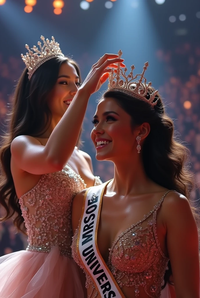 The reigning Miss Universe put the crown on the winner head from behind her. The winner crying. They wear evening gown at stage