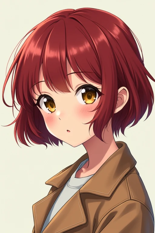 Highest quality,High resolution,Detailed illustrations,One girl,short hair,Perm,Jacket,Wine red hair,Yellow Eyes,Yurucamp△ art style,Manga artist Afro's style