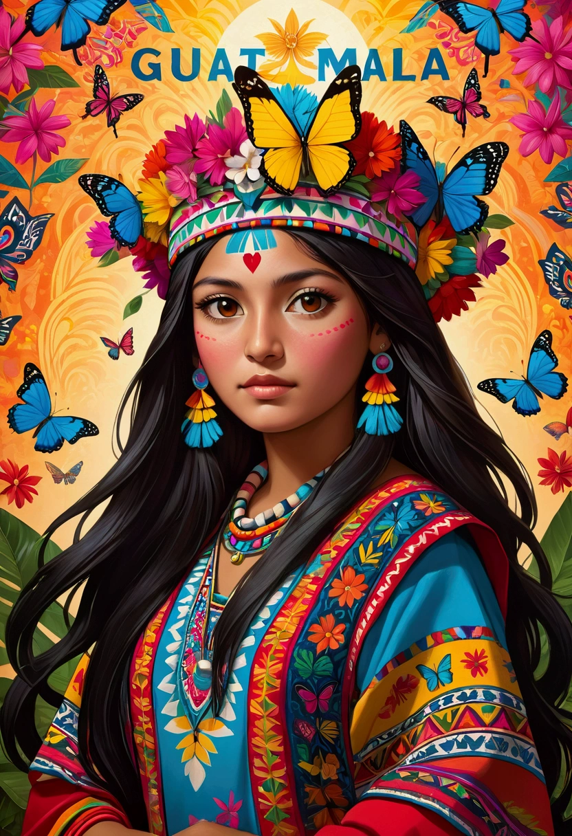 A young Guatemala woman with long dark hair wearing a colorful, tipic headdress and traditional clothing decorated with tipic of guatemala patterns, butterflies, and the text "guatemala". She is surrounded by a vibrant