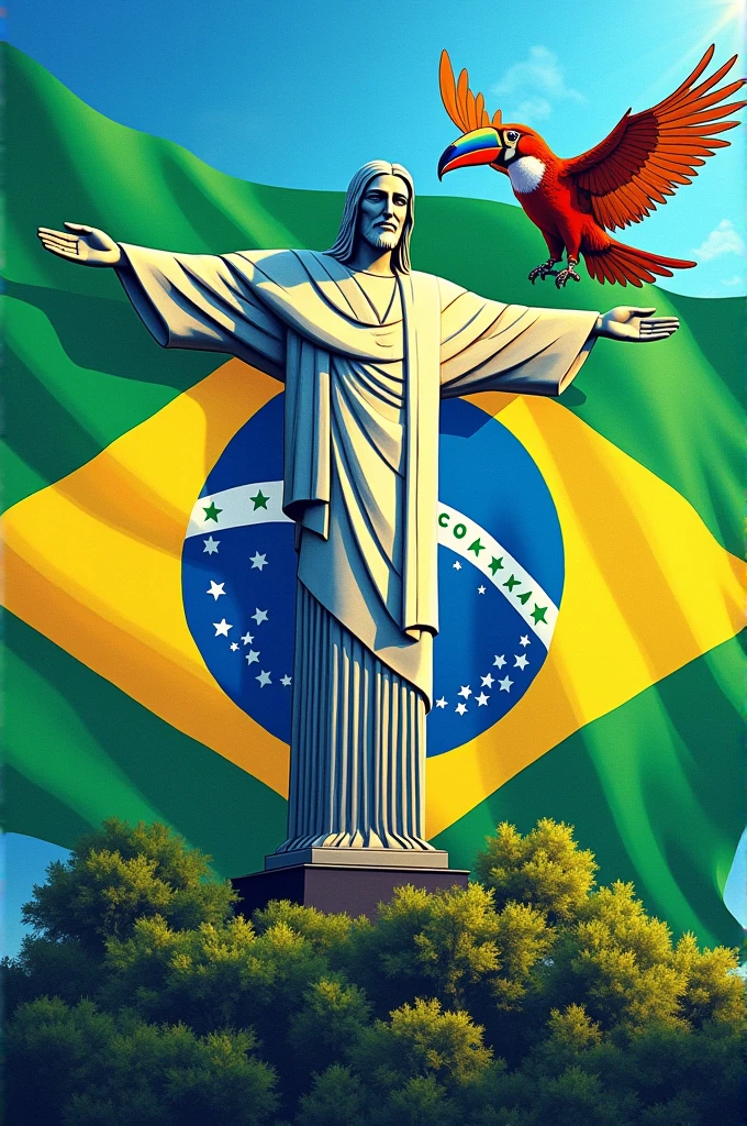 Flag of Brazil with a Christ the Redeemer and the country's national bird in drawing format