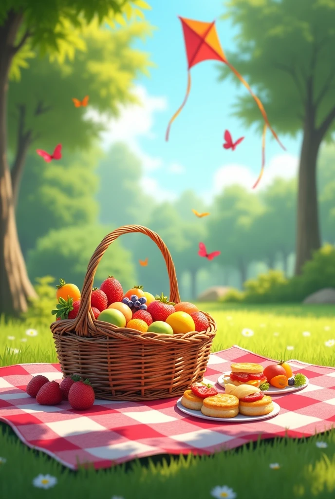 Design an image of a sunny outdoor picnic scene perfect for a young girl. The setting should be a lush, green park with a checkered picnic blanket spread out on the grass. Include a wicker picnic basket filled with colorful fruits, sandwiches, and pastries. Add a few playful touches like a kite flying in the background, a gentle breeze rustling through nearby trees, and a few cheerful butterflies fluttering around. The scene should be vibrant, joyful, and evoke a sense of fun and relaxation."