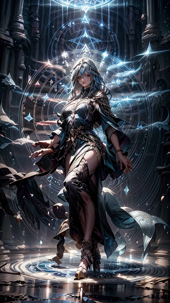 an oriental goddess,Arya,Long flowing blue hair,head ornaments,Big breasts.thin waist,Giant angel wings,Transparent lace dress,High heel,Magic circle of water under your feet,2 huge shields around you,The shield is engraved with runes.,