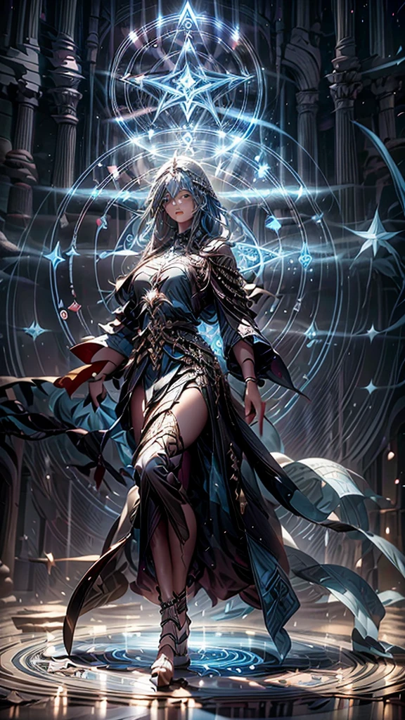 an oriental goddess,Arya,Long flowing blue hair,head ornaments,Big breasts.thin waist,Giant angel wings，Transparent lace dress,High heel,Magic circle of water under your feet,2 huge shields around you,The shield is engraved with runes.,