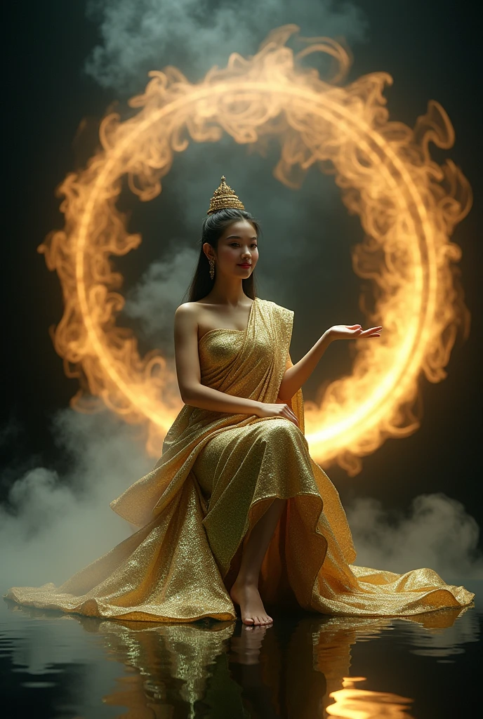 Full body image of a Thai woman, fair skin, 1, sitting with her legs crossed, one hand on her lap. One side raises its hand to beckon people. Dressed up as the god Mae Nang Kwak with a beckoning gesture In a beautiful, golden-green traditional Thai dress that sparkles and sparkles. Fluttering with the wind On the black glass surface, reflections and there was a smoke aura spread all over A large golden aura attacked the white-gray aura. Virtual and non-virtual floa