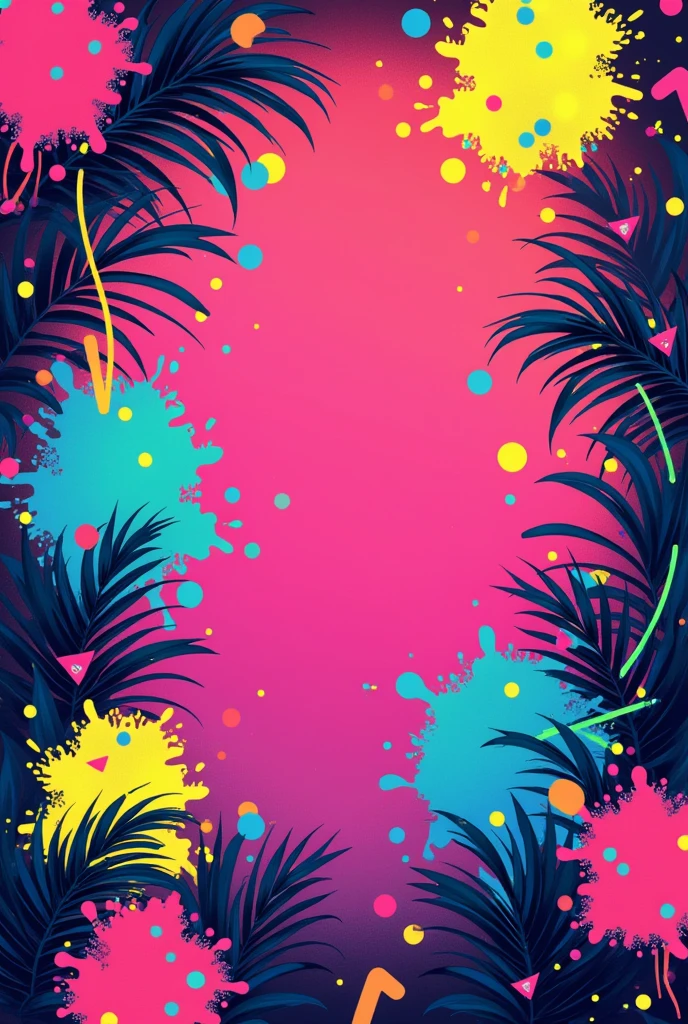 A vibrant 90s-00s inspired background for a Party featuring abstract neon-colored splashes and geometric shapes. The design includes bold, playful patterns like zigzags, dots, and triangles, all in a mix of bright, contrasting colors . The background should have a dynamic, energetic feel with ample open space for text or other elements, creating a fun and chaotic party atmosphere