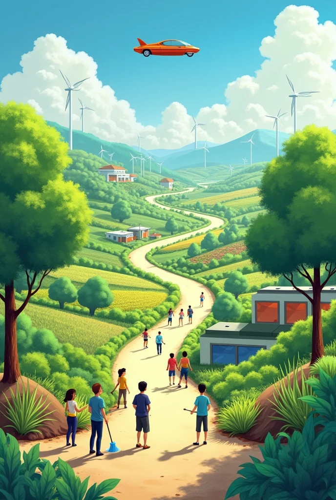 Make a landscape art on the topic " future we want clean and green" make it like one child have make. Add people planting plants house's. One flying futurestic car cleaning the road, windmill,farms, building, planting tree,Add building at background, people cleaning road
