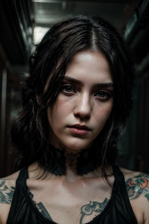 a close-up of a woman with tattoos on her arms and chest, tom bagshaw artstyle, seductive cyberpunk dark fantasy, artstyle tom bagshaw, dark fantasy mixed with realism, Tom BagshAw-Stil, beautiful cyberpunk female model, Beautiful cyberpunk girl face, ultra-realistic digital painting, Stil von Tom Bagshaw, detailed beauty portrait, in the Stil von Tom Bagshaw