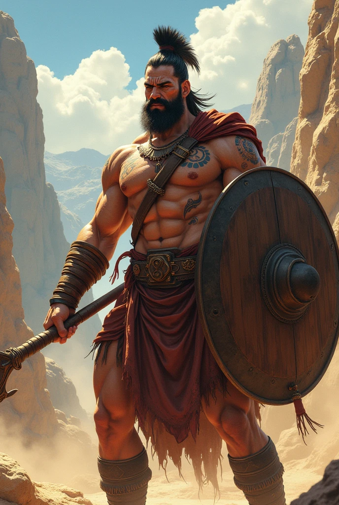 A Doric tribal warrior from ancient Greece, ((anime styling)), holding a morning star and a wooden shield.   