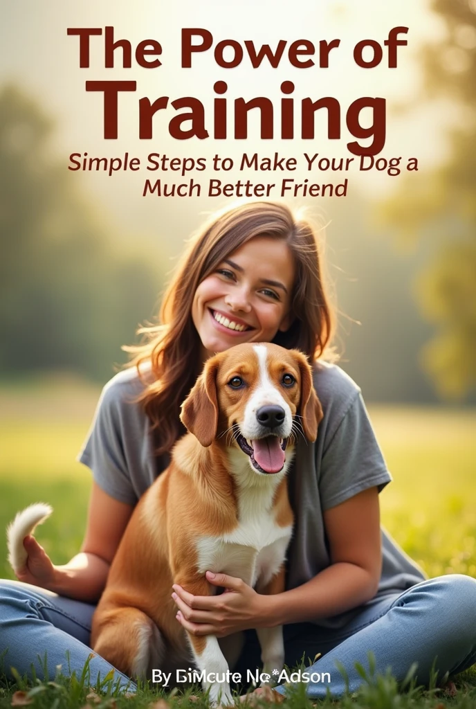 CREATE AN IMAGE OF A DOG WITH ITS OWNER, They're both happy. THEY ARE FACING THE CAMERA. THE IMAGE IS FOR A BOOK COVER. Enter the title of the book: THE POWER OF TRAINING. Put the subheading: SIMPLE STEPS TO MAKE YOUR DOG A MUCH BETTER FRIEND