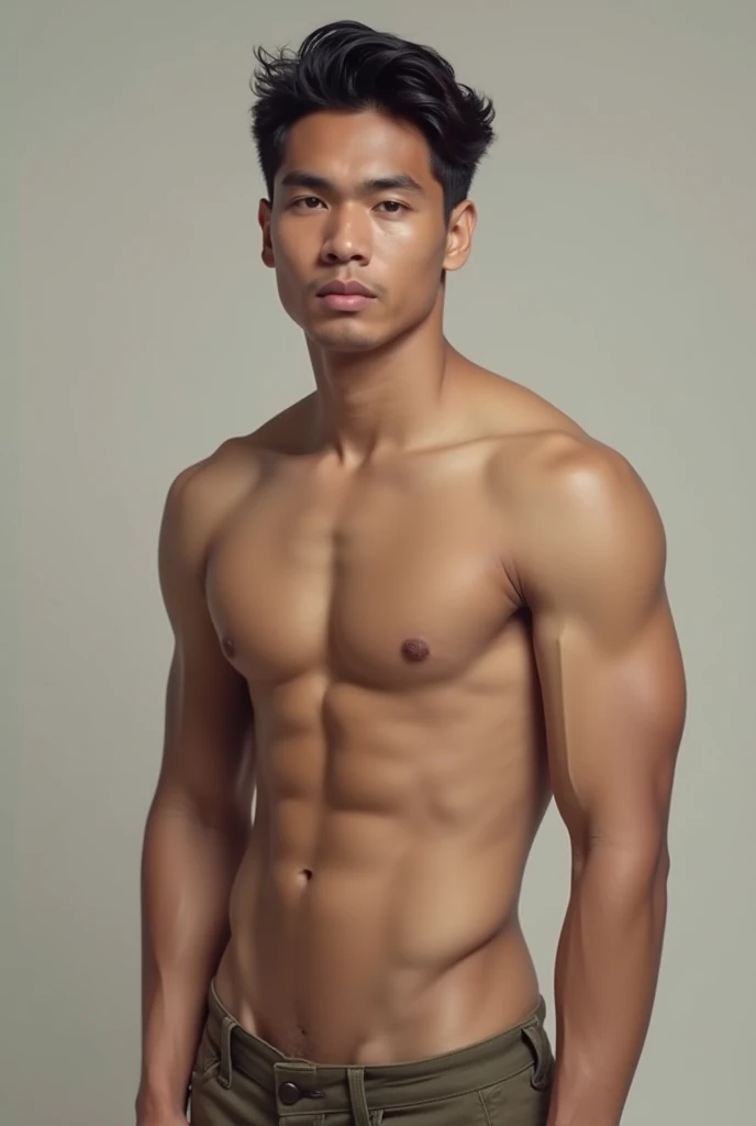 an Indonesian man, 20 years old, handsome face, clean, fair skin, medium stout body. naked without wearing clothes and underwear, big penis.