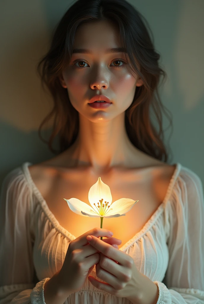 A woman holds a flower at chest level, face straight, skin is fair, light comes in from the front.