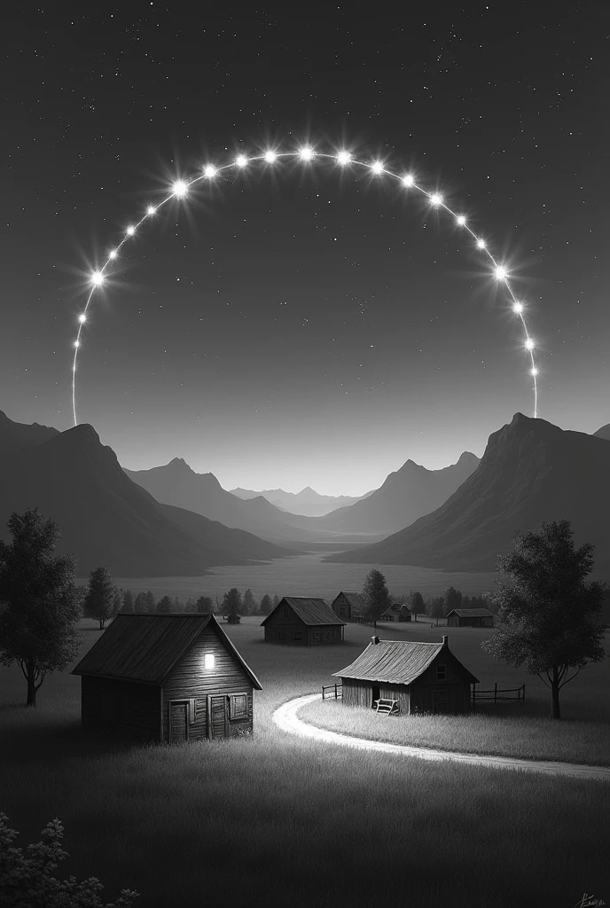 This monochromatic image depicts a serene rural nightscape, rendered in shades of black, white, and gray. The foreground showcases a collection of farm buildings - barns, houses, and outbuildings - illuminated by what appears to be moonlight or soft artificial lighting. These structures cast long shadows across the grassy field, creating a striking contrast. In the background, a range of mountains looms, their silhouettes sharp against the night sky. The most captivating feature is the sky itself, where a series of glowing orbs traces an arc from one side of the image to the other, resembling a time-lapse of the moon's path or perhaps a string of UFOs. Countless stars dot the sky, adding to the magical atmosphere. The painterly quality of the image is evident in the soft edges and subtle gradations of light and shadow, giving it an almost nostalgic, dreamy feel. This composition beautifully balances the earthly and the cosmic, the familiar and the mysterious.