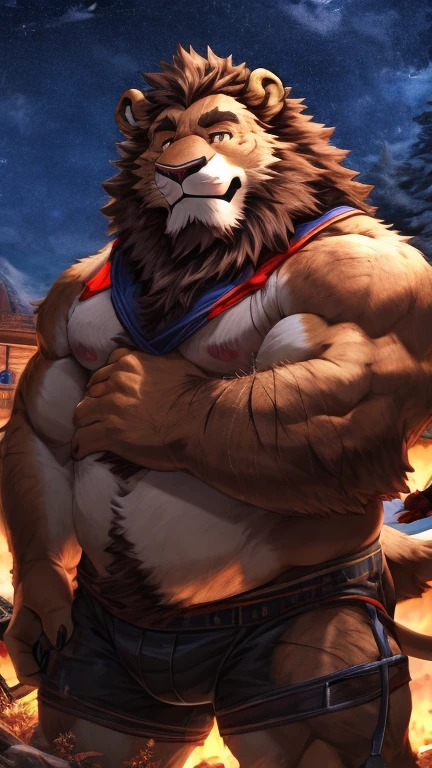 anime style, aid210, nj5furry, ((whole body)), ((blackSmith)), ((plump middle-aged lion man)), BREAK ((brown eyes)), one eye closed, beautiful beard, beautiful ears, (male face:1.3), (big face:0.5), square jawline, (Male Eyes:1.2), (sharp eyes:0.8), (big eyes:0.5), male eyebrows, (innocent look:0.5), (beautiful black nails down to the last detail:1.2), BREAK (complete Anatomy), (detailed face:1.3), beautiful face, (detailed body), (beautiful hands:1.2), (detailed fingers:1.2), (detailed eyes:1.1), (beautiful Eyes:1.1), arm details, Leg Details, beautiful feet, BREAK Muscular anthlo, body hair, ((hairy skin)), fluffy, (detailed brown nipples:0.8), (blood vessel:-0.8), (glowing Skin:-0.7), (chest hair:0.5), (1 tail), (a beautiful and detailed small tail), BREAK night sky, outdoor, ultra detailed, highest quality, ultra-high resolution, realistic, 16K, masterpiece, beautiful detailed, perfect solution, absurdists, (faint light),