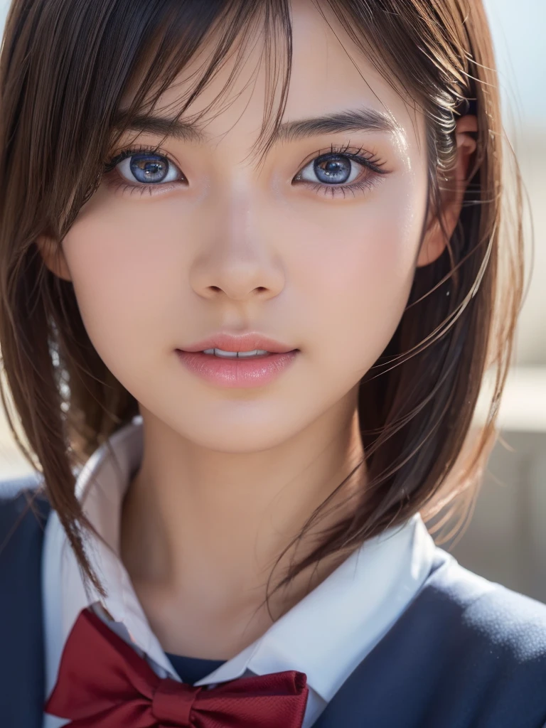 NSFW,(a ultra cute beautiful girl wearing highschool uniform:1.5),charming smile,mixed race of Japanese and Nordic,large clear light blue eyes,droppy eyes,balanced eyes,transparent white skin,silver short hair,photorealistic, 8k, ultra-detailed, masterpiece, realistic, vivid colors, beautiful detailed eyes, beautiful detailed lips, extremely detailed face, intricate details, hyper realistic, cinematic lighting, dramatic shadows, stunning composition, intense atmosphere, highly detailed skin, exquisite facial features, volumetric lighting, raytraced global illumination, physically-based rendering, professional digital art
