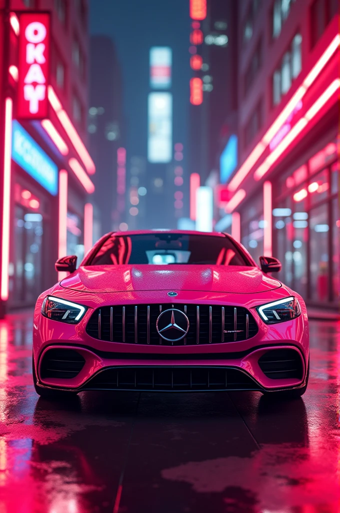 Mercedes 350d in pink colour in neon city with red and pink
